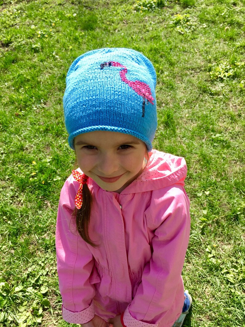 Flamingo Embroidered beanieGirls blue beanie hatknitted beanie hat for girlgirls hat with flamingo embroideryknit beanie hat for girl