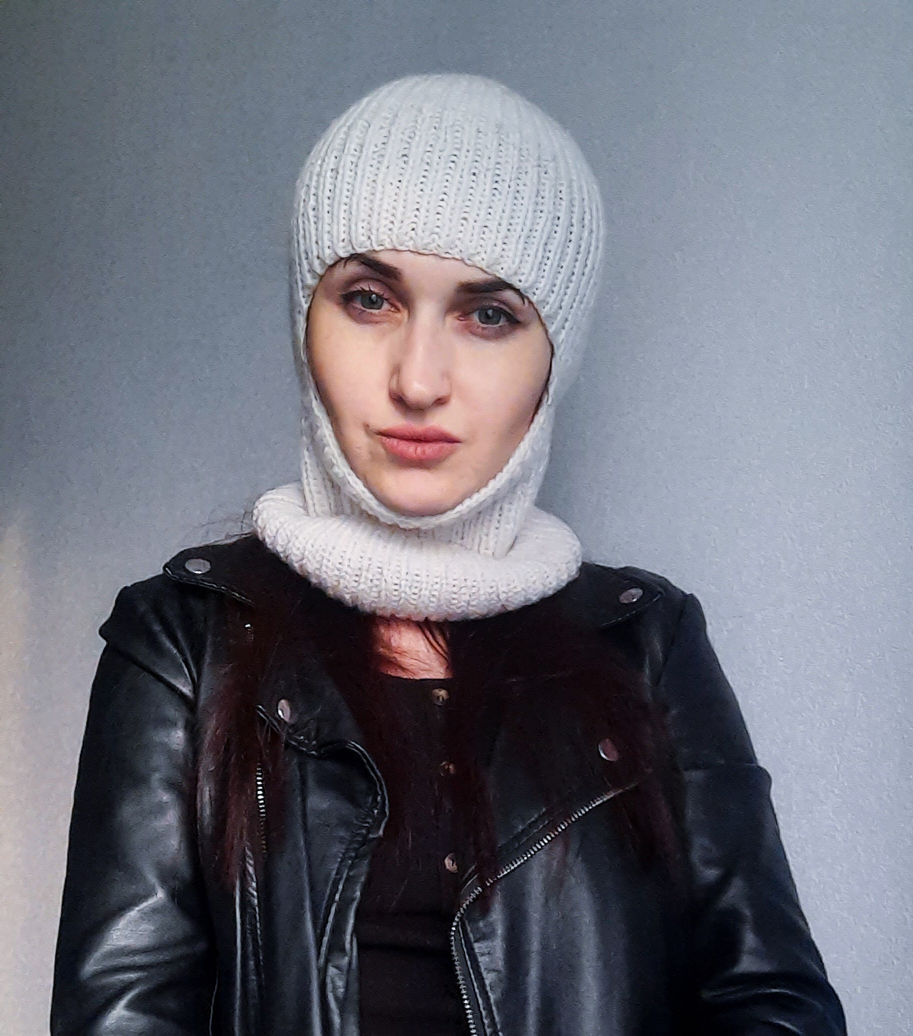 White Knit Sequins Balaclava/white Knit Hood/knitted Women Balaclava