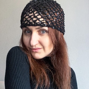 black crochet sequin beanie hat/black crochet mesh hat/black crochet mesh beanie with pailettes/black crochet lace hat /black shiny hat