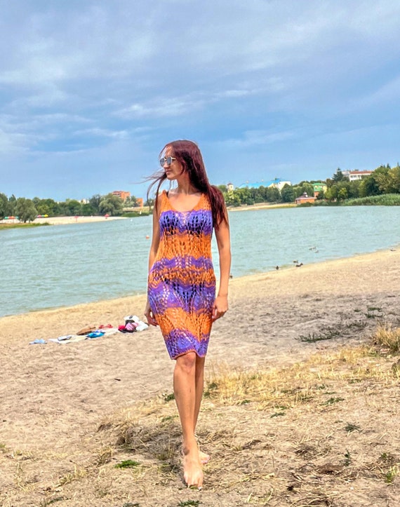 Hand Knit Cotton Beach Dress/color Block Crochet Cover-up/boho Crochet Dress  - Etsy Israel