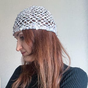 white crochet sequin mesh hat/croshet lace hat/white crochet net hat/crochet skull cap/crochet net beanie/white crochet skull hat/shiny hat
