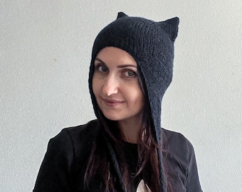 Cat Ears Knit Beanie: black baby alpaca  Merino Wool Adult Bonnet