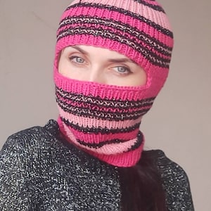 Knit Striped Balaclava: Neon Pink Wool Hood