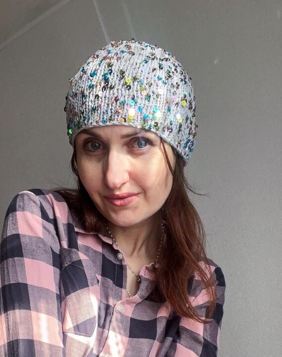 New Custom Designed Gray Cuffed Knit Beanie with Silver Sequin Star. Gray Sequins Knit Beanie Hat/silver Shiny Knit Cotton Beany  main image 2