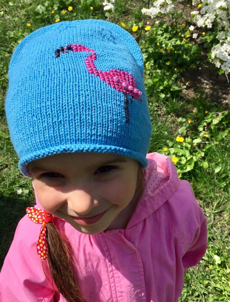 Flamingo Embroidered beanieGirls blue beanie hatknitted beanie hat for girlgirls hat with flamingo embroideryknit beanie hat for girl