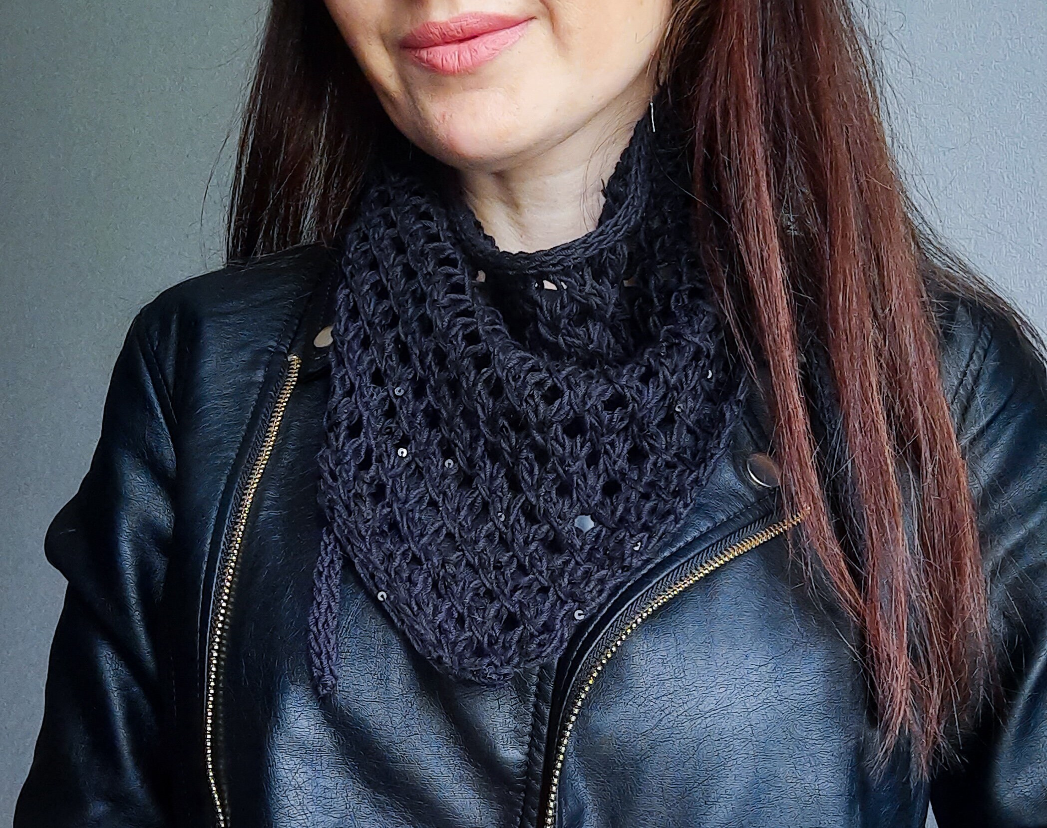 French Connection Knotted Sequin Knit Head Bandana Black Crochet Triangle Bandana With Sequins - Etsy main image 4
