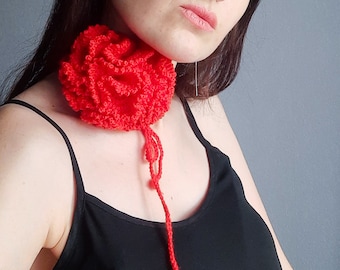 Red Crochet Rose Choker: Flower Necklace