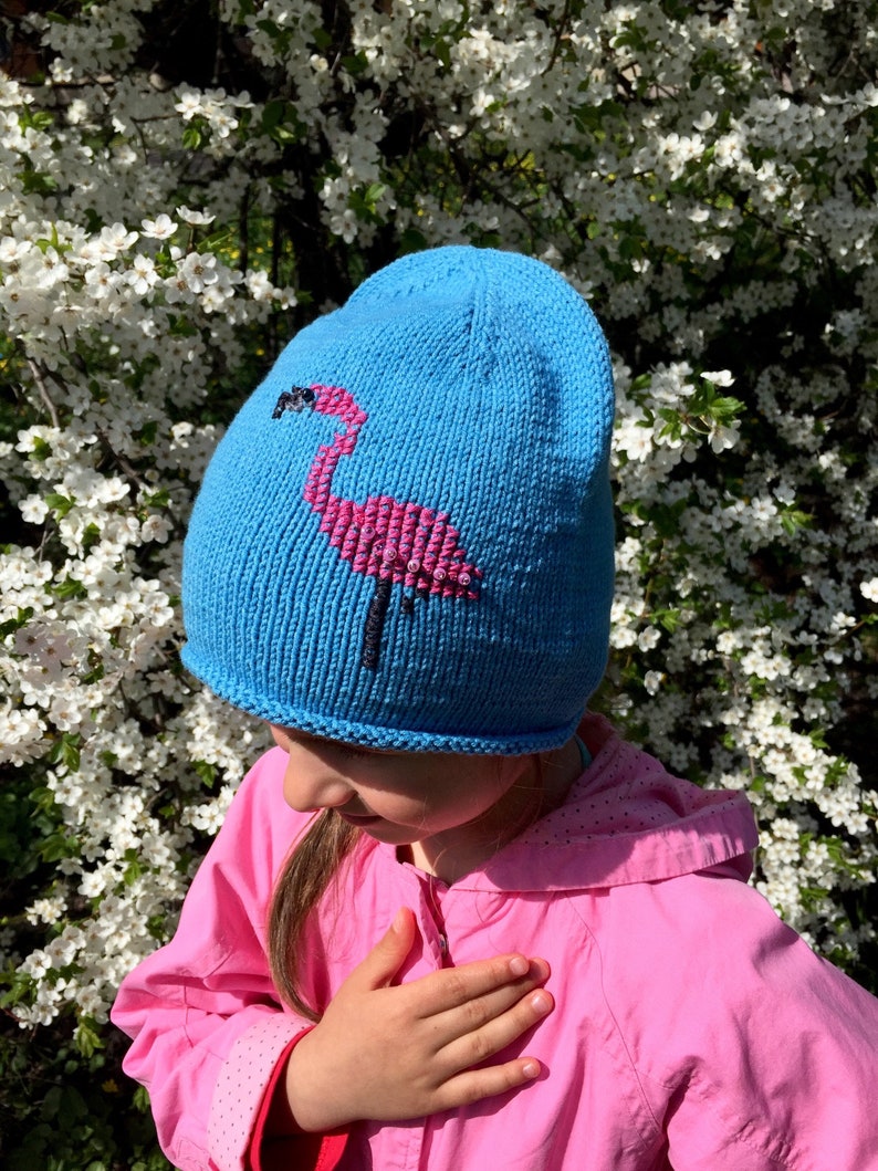 Flamingo Embroidered beanieGirls blue beanie hatknitted beanie hat for girlgirls hat with flamingo embroideryknit beanie hat for girl