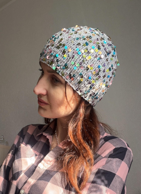 Gray Sequins Knit Beanie Hat/silver Shiny Knit Cotton Beany 