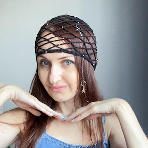 black crochet lace beanie hat/black crochet mesh hat/black crochet mesh beanie with pearls/black crochet lace hat pearls/summer skull hat