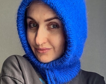 Electric blue knit hood/knitted angora hood/blue angora knitted hood/blue knit angora balaclava hat/women knit hood/knit balaclava hat
