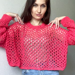 hot pink knit cotton sweater/pink knit lace sweater/oversized knit summer sweater/cotton knit pink pullover/crochet pink sweater