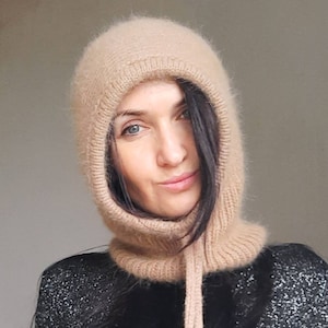 Beige knit angora hood/beige knit angora balaclava/knitted angora mink hood/knitted angora mink balaclava/knit Warm balaclava hat/knit hood