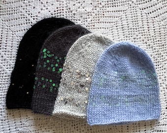 sequins knit beanie hat/angora knit beany/angora knit beanie pailettes/sequins knit hat/hat with sparkles/shiny hat