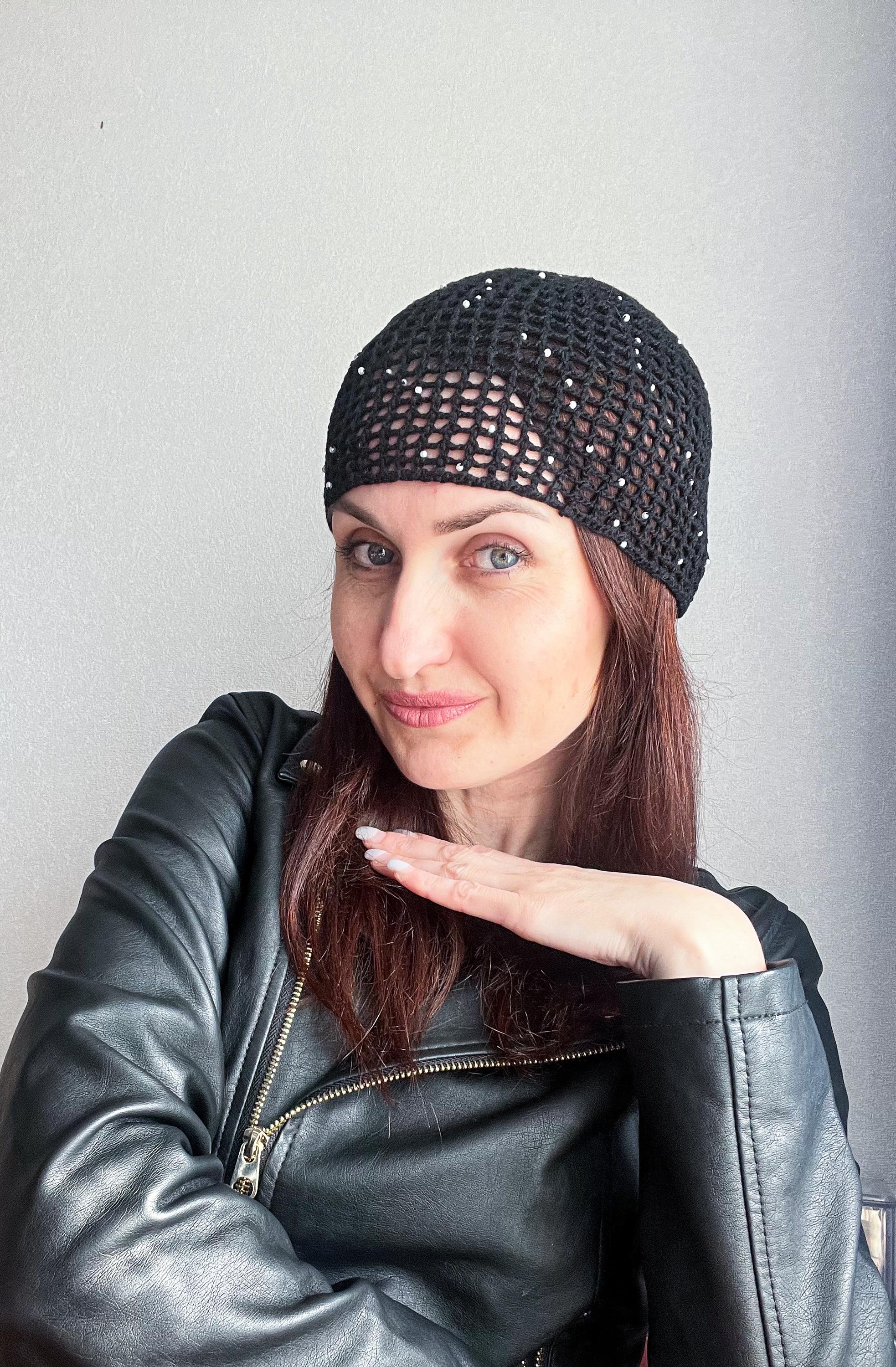 Black Crochet Lace Beanie Hat/black Crochet Mesh Hat/black