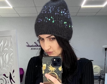 Dark gray sequins knit beanie hat/gray angora knit beany/angora knit beanie pailettes/graphite sequins knit hat/hat with sparkles/shiny hat