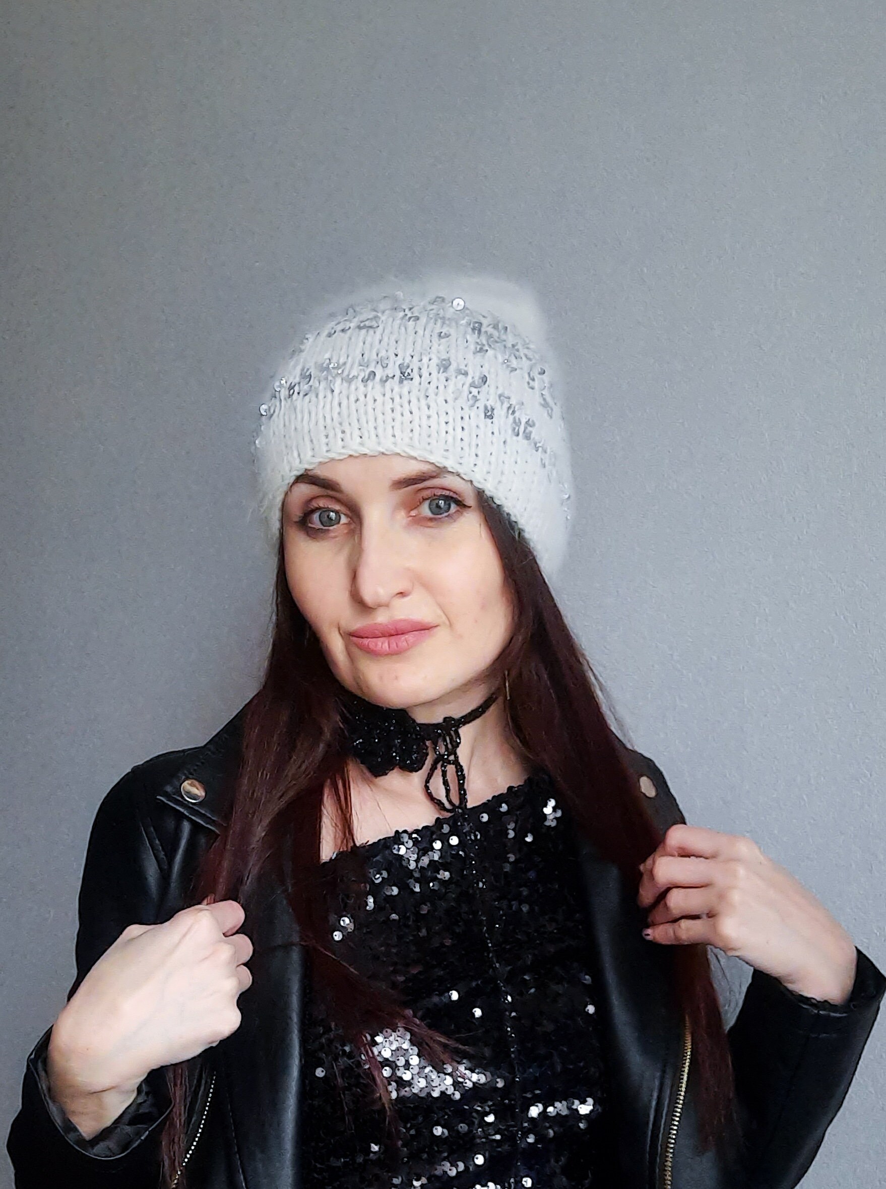 White Sequins Knit Beanie Hat/white Angora Knit Beany/angora