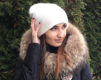 White knit angora beanie/angora double beanie/white knitted angora hat/women slouchy hat/knitted angora beanie hat/knit fluffy beanie