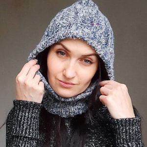 Blue Knitted hood/merino knitted hood/blue knit balaclava/merino knit hood/fluffy balaclava hat/women knit hood/knit wool hood/fluffy hood