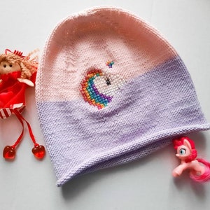Girls pink beanie with unicorn/knit cotton beany with embroidery unicorn/toddler beanie with unicorn/girls pink  violet hat with unicorn