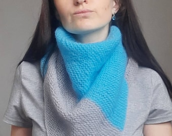 Gray and Blue Knit Triangle Scarf: Wool Blend Baktus