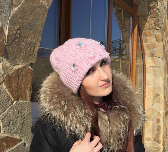 Light Pink Wool Beanie Withcrystal 