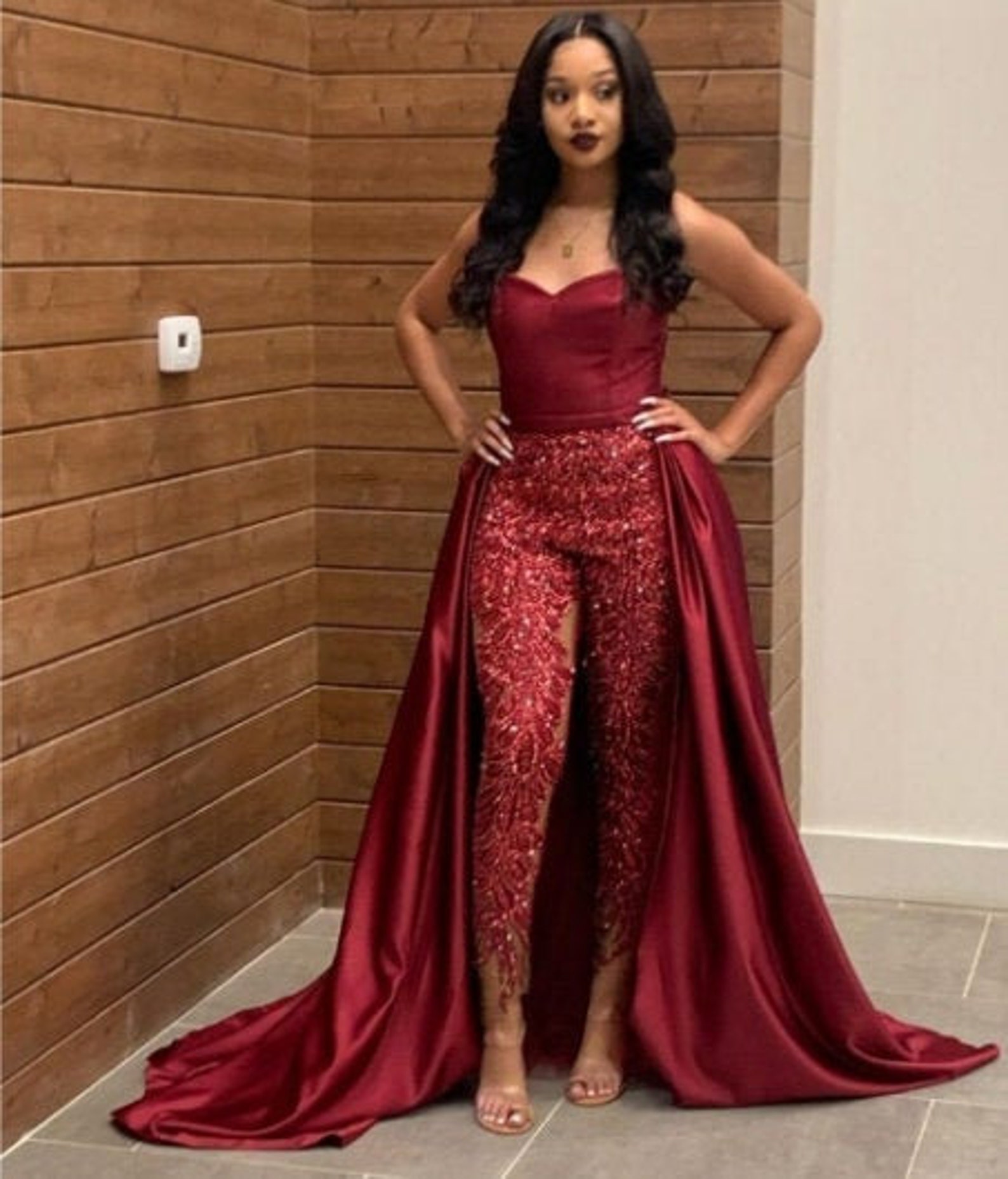 formal pant suit with train