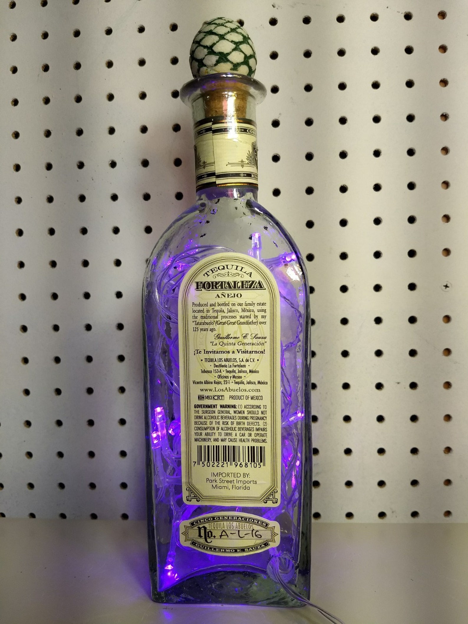 Fortaleza tequila bottle fitted with battery pack purple LED Etsy