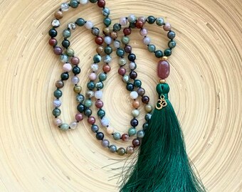 Jasper & strawberry quartz  108 beads Mala, Buddhist Prayer Bead, Knotted Mala, Tassel Necklace, Yoga Jewelry, Prayer Beads, japa mala bag