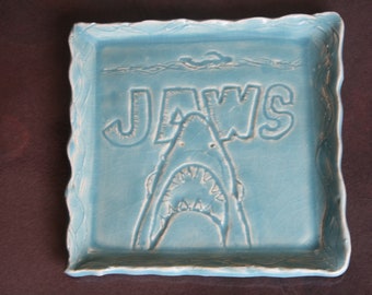 Hand Carved "Jaws" themed clay plate