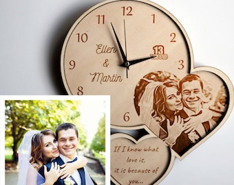 Valentines Day Gift for Him Personalized Wedding Gift for Couple Anniversary Gift Wooden Wall Clock with Personalized Photo