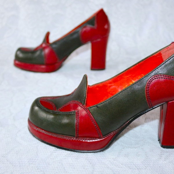 Zapatos hippie de los años 70 EU/DE talla 34 35 plataforma cuero boho zapatillas zapatos de tacón alto vintage verde rojo