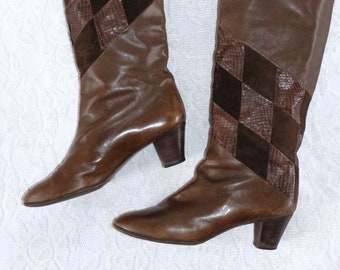 Bottes en cuir hippie taille EU/DE. 39 39,5 boho vintage arbre large Italie années 70 années 80 patchwork daim faux peau de serpent