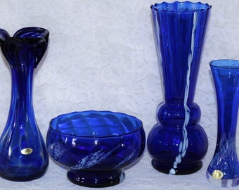 4x Glas Vasen Schale 70er 80er royal Schale Set Konvolut Hippie elegant vintage Glasvasen blau weiß