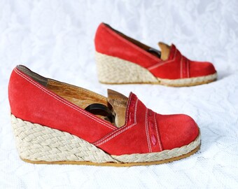 Wildleder Wedges EU/DE Gr. 37 Espandrilles Slipper Tamaris vintage Schuhe 80er y2k Sisal Leder