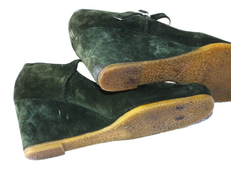Jaren '70 suède wedges EU/DE maat. 37 37,5 hippie sandalen donkergroene riemschoenen 7 cm boho echte vintage afbeelding 5