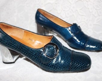 Scarpe anni '70 décolleté blu argento eleganti taglia EU/DE. 39 stampa serpente vintage sottile e stravagante