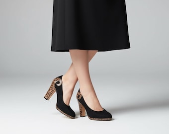 Zapatos de salón talla UE/DE. 37,5 38 Piel plataforma años 80 tacón alto diseño vintage piel animal chic elegante
