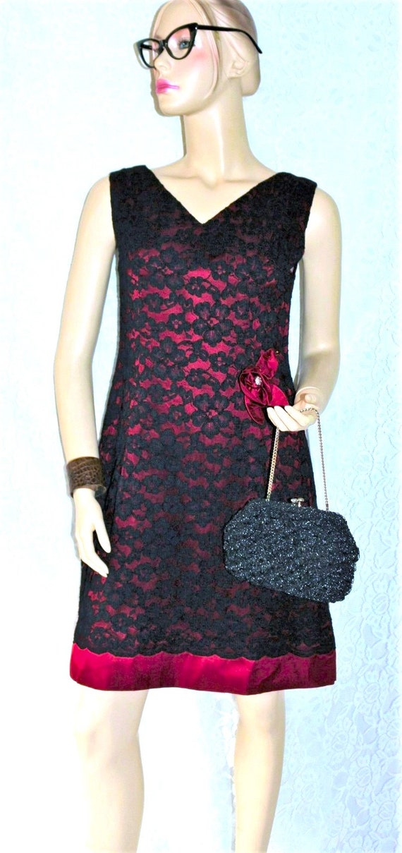 Dress 60s 70s tulle lace satin shift dress + bag … - image 2