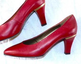 Pumps Leder 80er EU/DE Gr. 38 true vintage Hackenschuhe rot gold elegant High Heel schmal