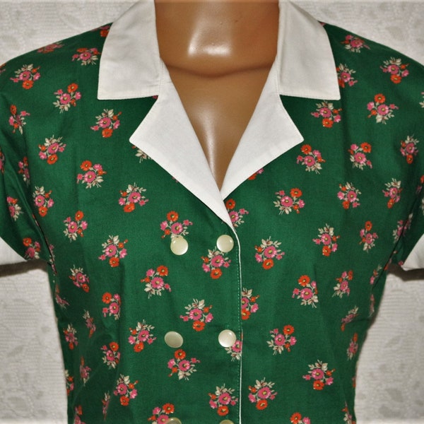 blouse 50s 60s EU/DE size S M 38 Rockabilly summer flowers white collar cotton vintage fifties sixties green