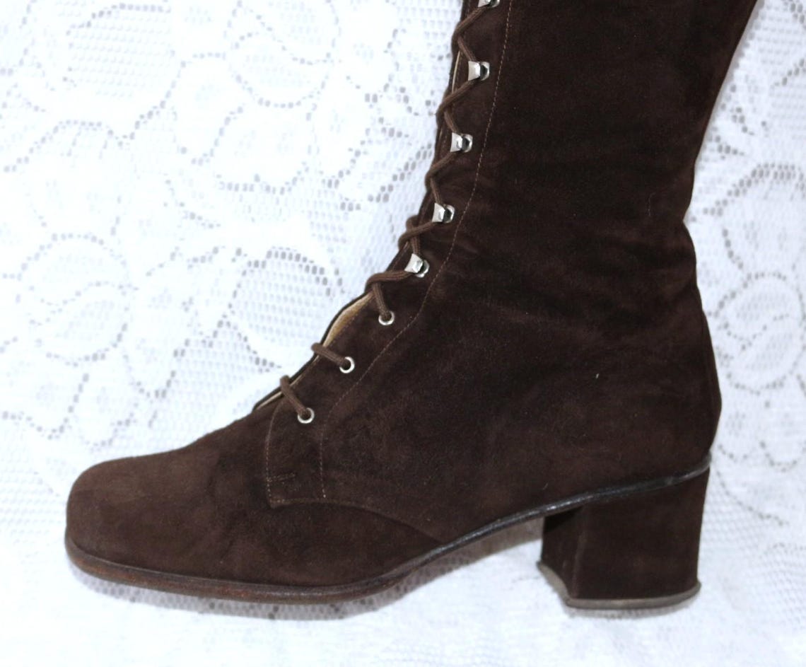 60er 70er Schnürstiefel EU/DE Gr.34 Leder Valentino Hippie Kult boho schlank Wildleder, foto 4 di 5