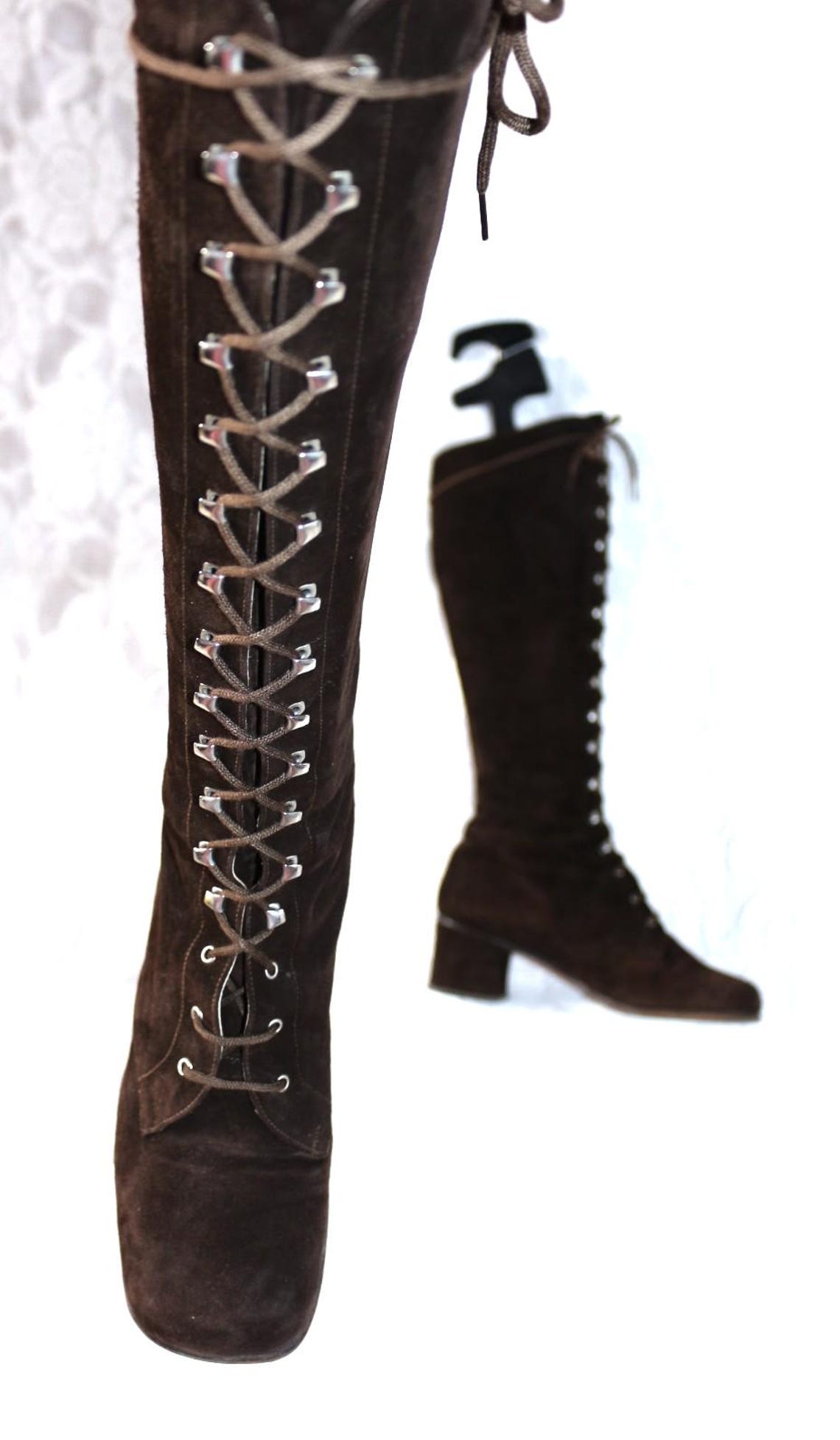 60er 70er Schnürstiefel EU/DE Gr.34 Leder Valentino Hippie Kult boho schlank Wildleder, foto 3 di 5