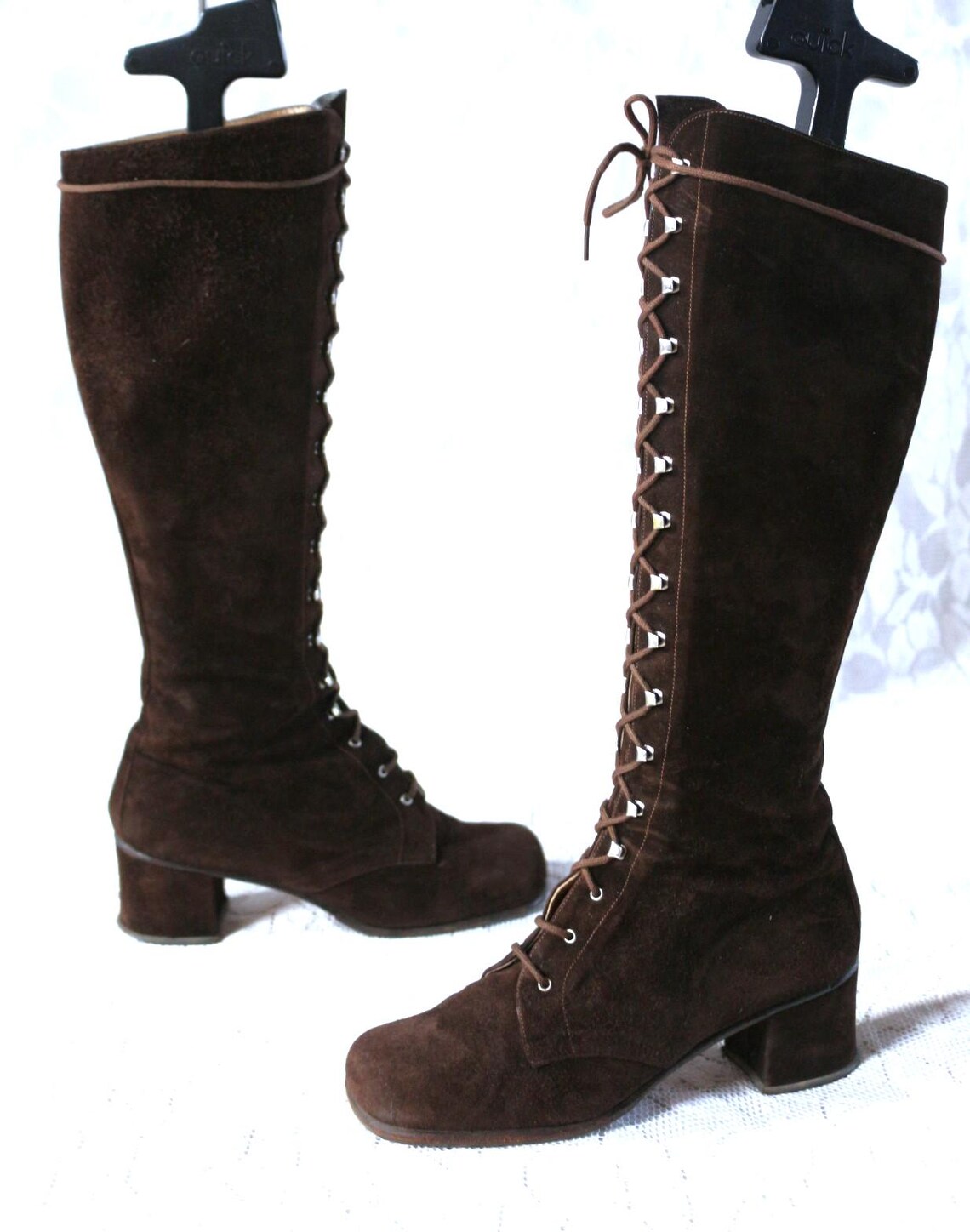 60er 70er Schnürstiefel EU/DE Gr.34 Leder Valentino Hippie Kult boho schlank Wildleder, foto 1 di 5
