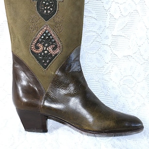 Volledig leren laarzen, maat 80, EU/DE. 37 38 patroon instaplaarzen olijf vintage kwaliteit boho hippie leren laarzen