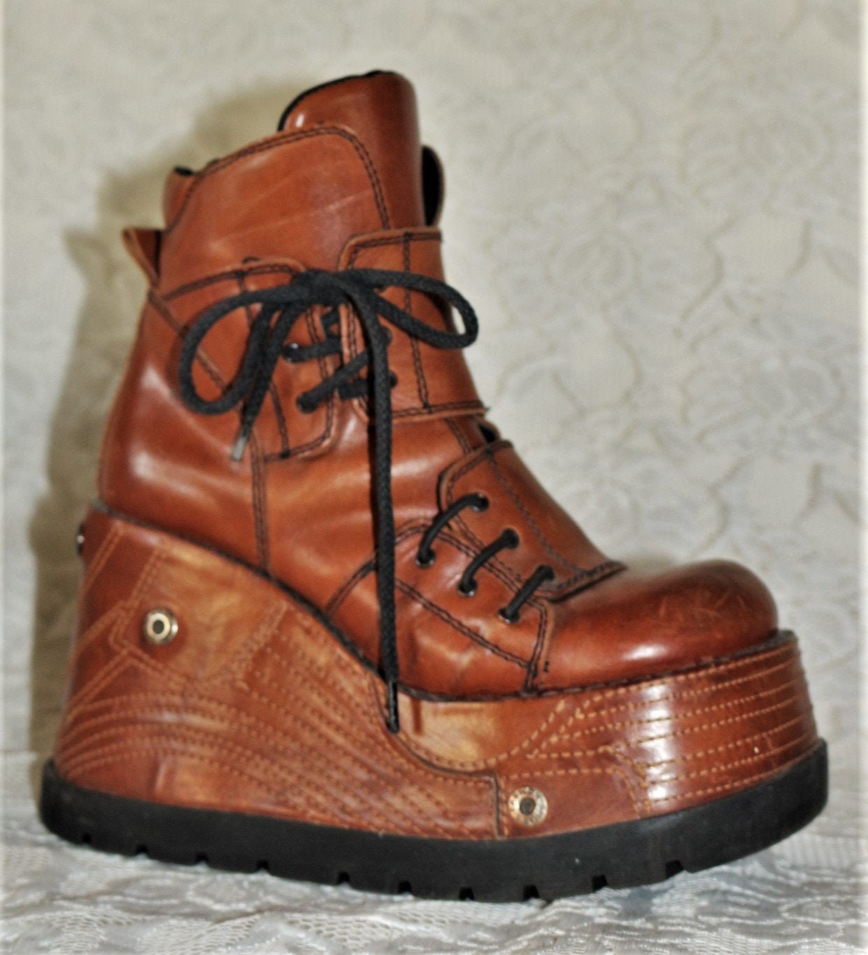Uitzonderlijke Hex Plateau schoenen dikke veterschoenen EU DE Gr.39 6 vintage jaren 90 Techno Tower 6 cm 11 cm Leather Rave Decorative Naden Etsy Belgie