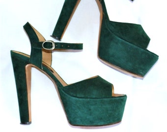 mega platform sandals 70s 80s dark green suede EU/DE size 38 high heel vintage 5.2cm/14cm high leather