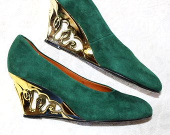 Wedges pumps 80s leather EU/DE size. 41 suede green gold high heel 8 cm breakthrough pattern vintage elegant boho