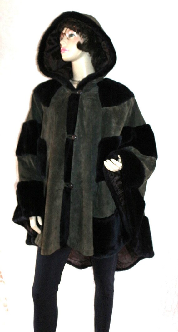 Leather poncho jacket 80s faux fur hood EU/DE size