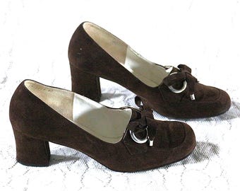 Scarpe anni '70 taglia EU/DE 39.5 40 pantofole vero vintage tacco pelle occhielli grandi fiocco boho